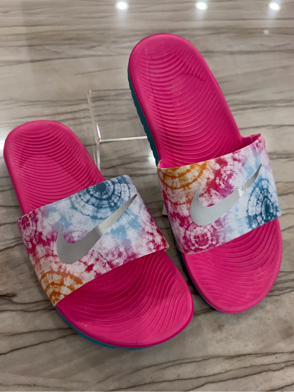 Nike Kawa Tie Dye Slides Laser Fuchsia Pink Teal Girls Youth Size 7Y NWT